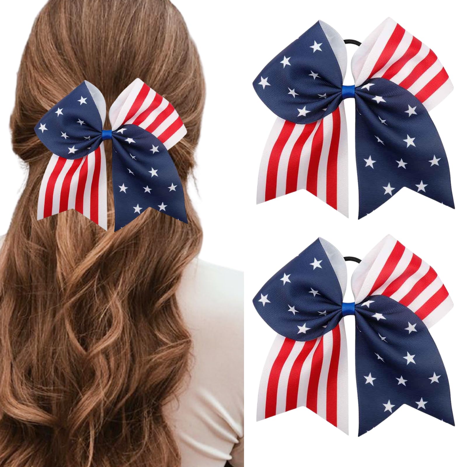 DIUEWOW front view of two USA flag cheer bows showing patriotic design and visibility