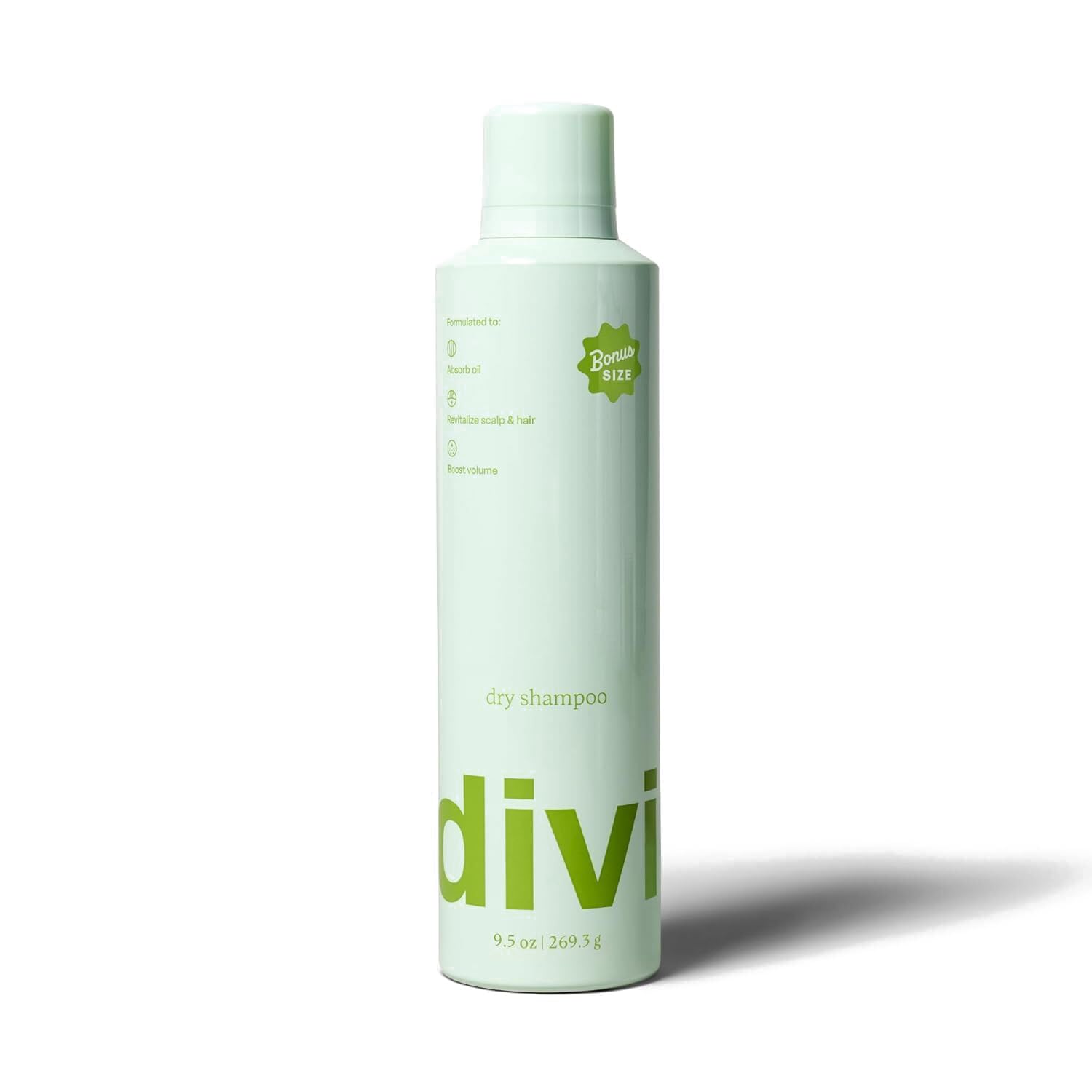 divi dry shampoo front packaging showing 9.5 oz can and branding benefit