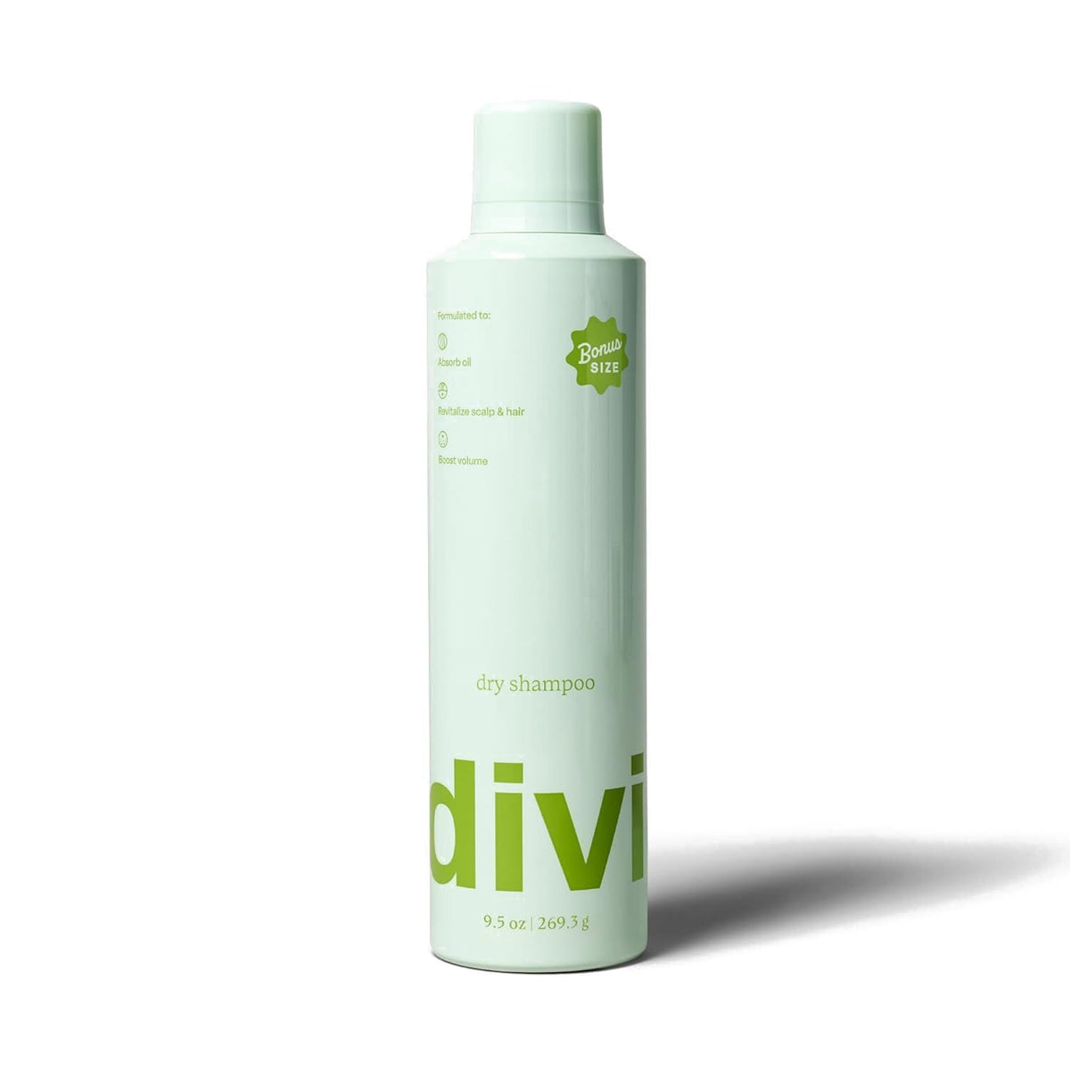 divi dry shampoo front packaging showing 9.5 oz can and branding benefit