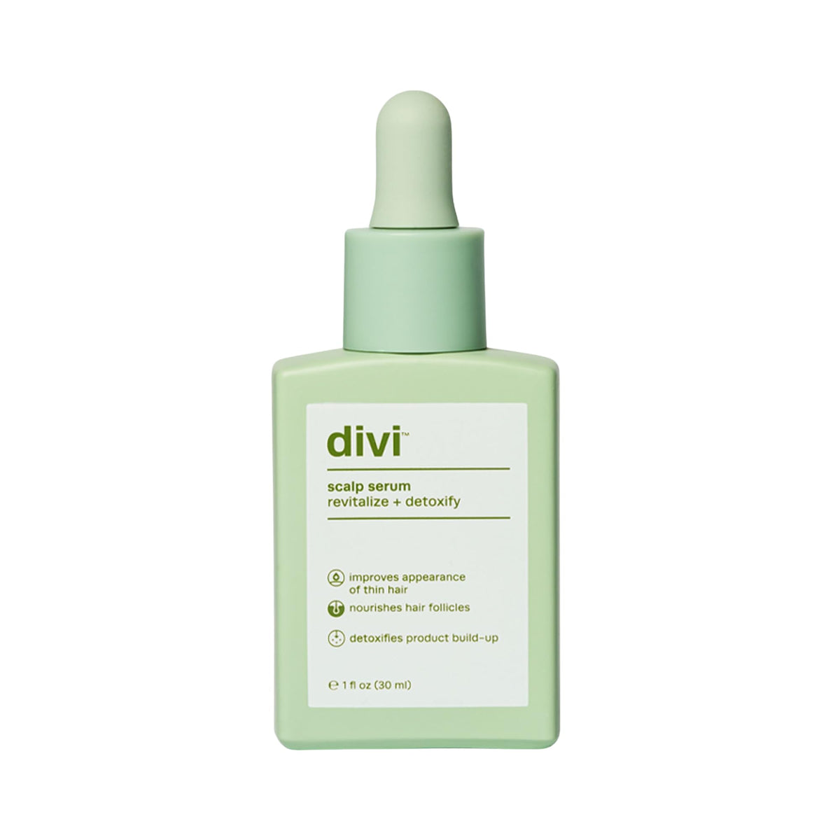 divi scalp serum front bottle shows clear label and travel-friendly size benefit