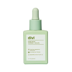 divi scalp serum front bottle shows clear label and travel-friendly size benefit