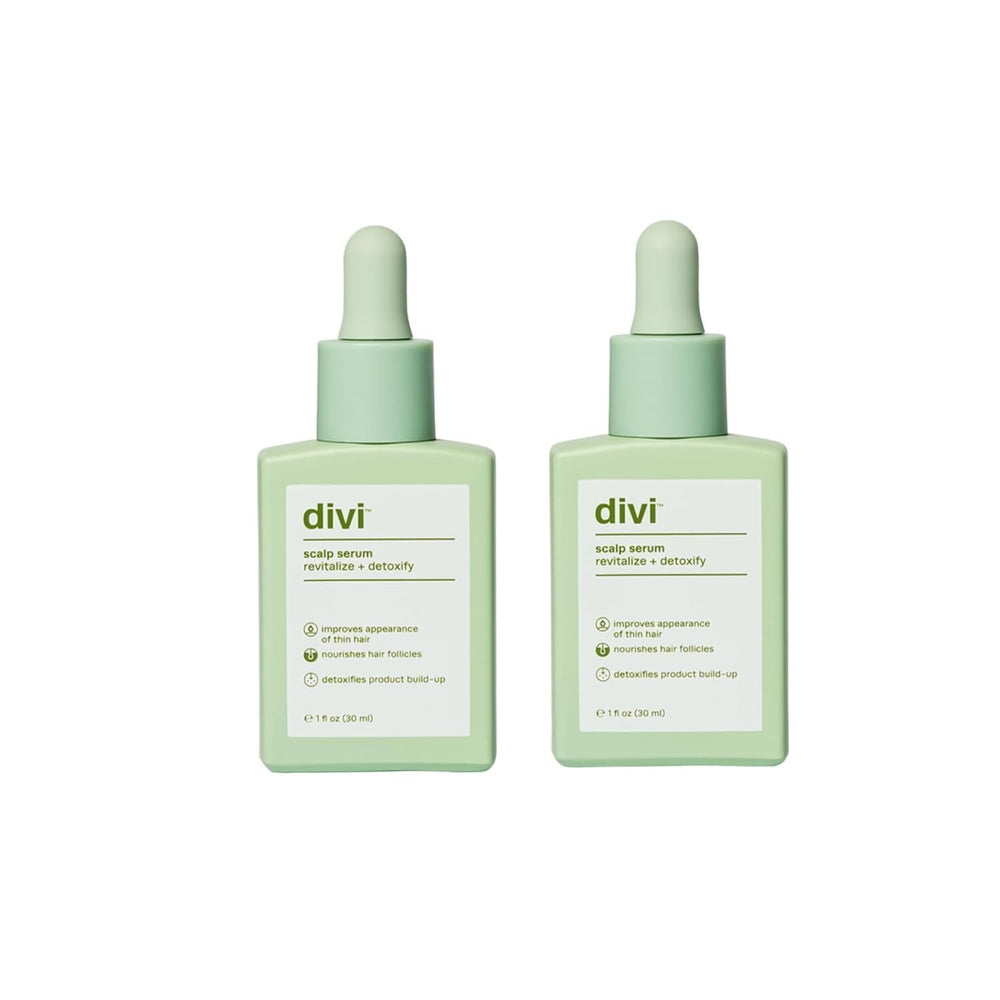 divi scalp serum front packaging showing two 30ml bottles and benefits