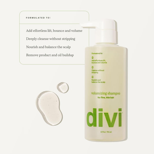 Divi shampoo pump closeup highlighting gentle cleansing and lightweight lift