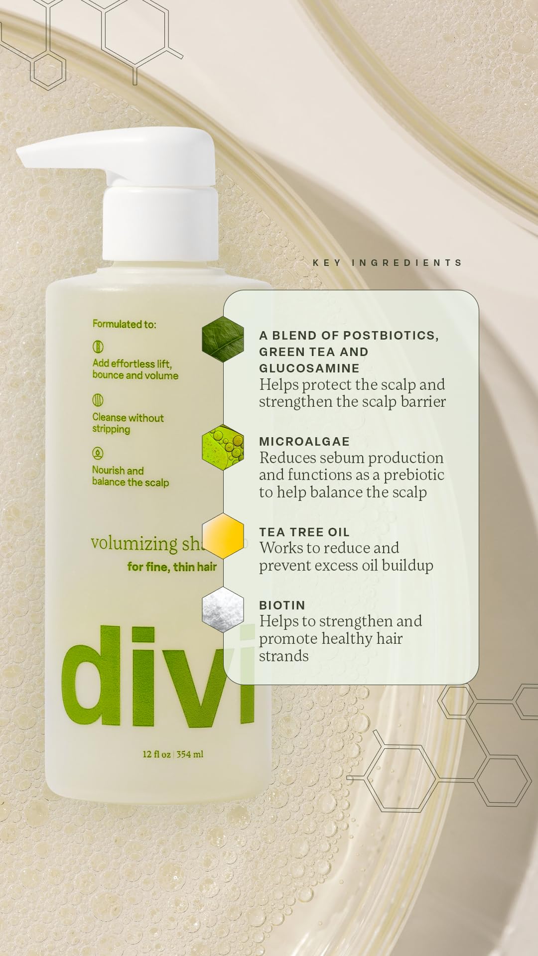 Divi shampoo pouring into palm illustrating easy application and low-residue benefit