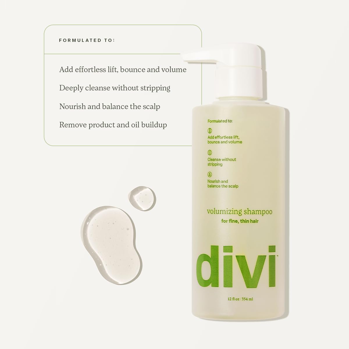 Divi shampoo dispensed to show lightweight texture and easy lather