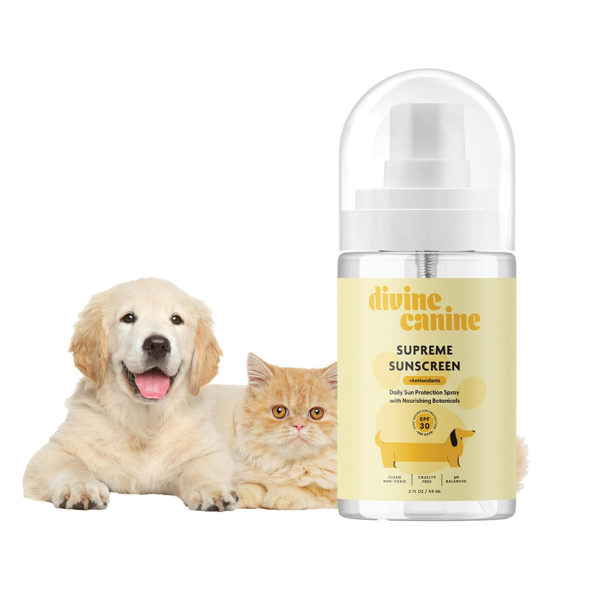 Divine Canine front packaging showing SPF 32 benefits and size