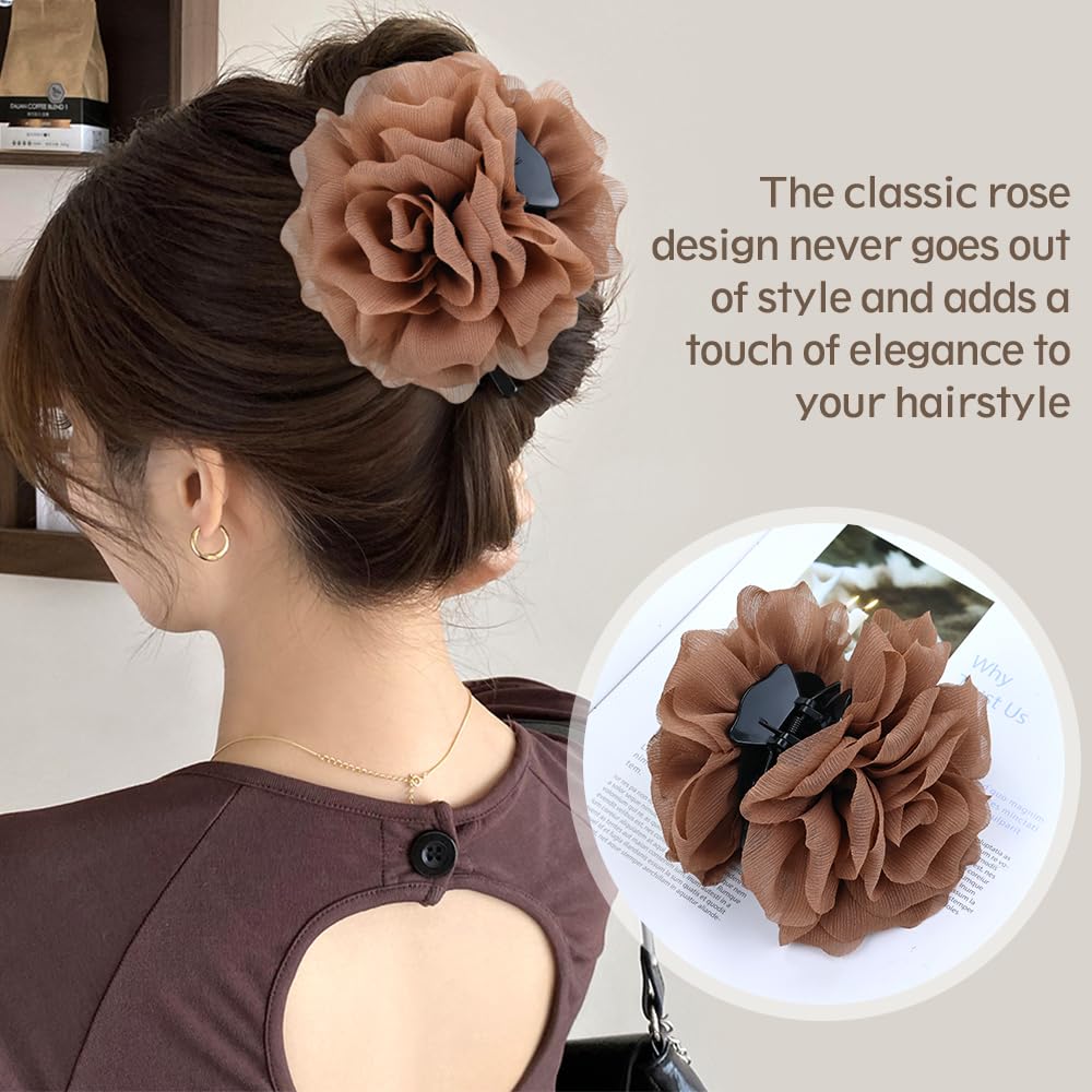 Dizila brown rose claw securing a bun from top view for visible floral statement