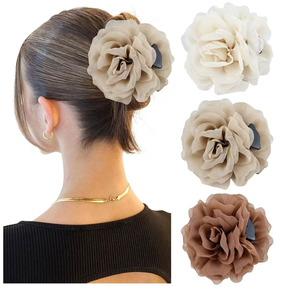 Dizila front view of three rose hair claws showing colors and design, stylish accessory