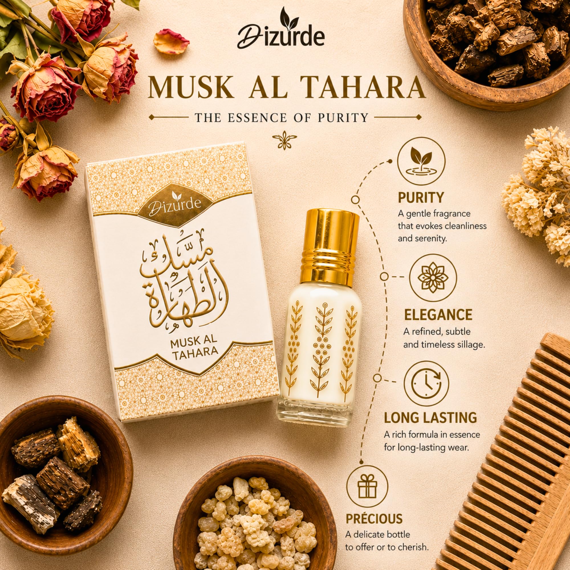 Dizurde label detail emphasizing brand and clean white musk identity