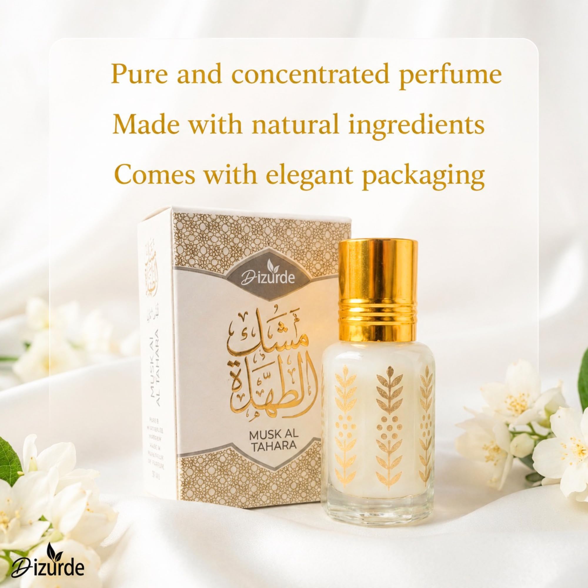 Dizurde bottle staged with soft florals suggesting subtle fresh notes