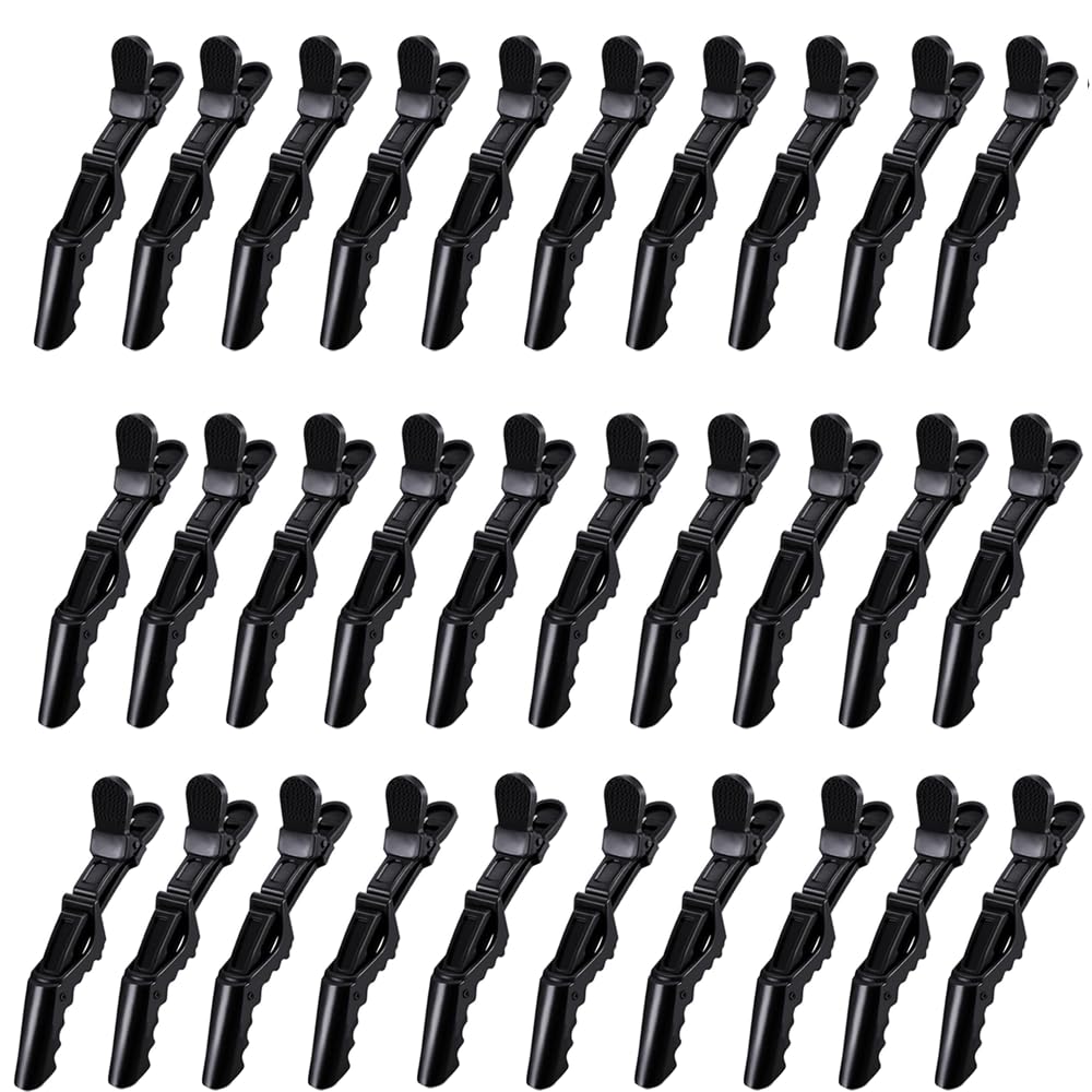 Dkpyt front view of 30 black alligator clips showing full set and compact packaging for convenience