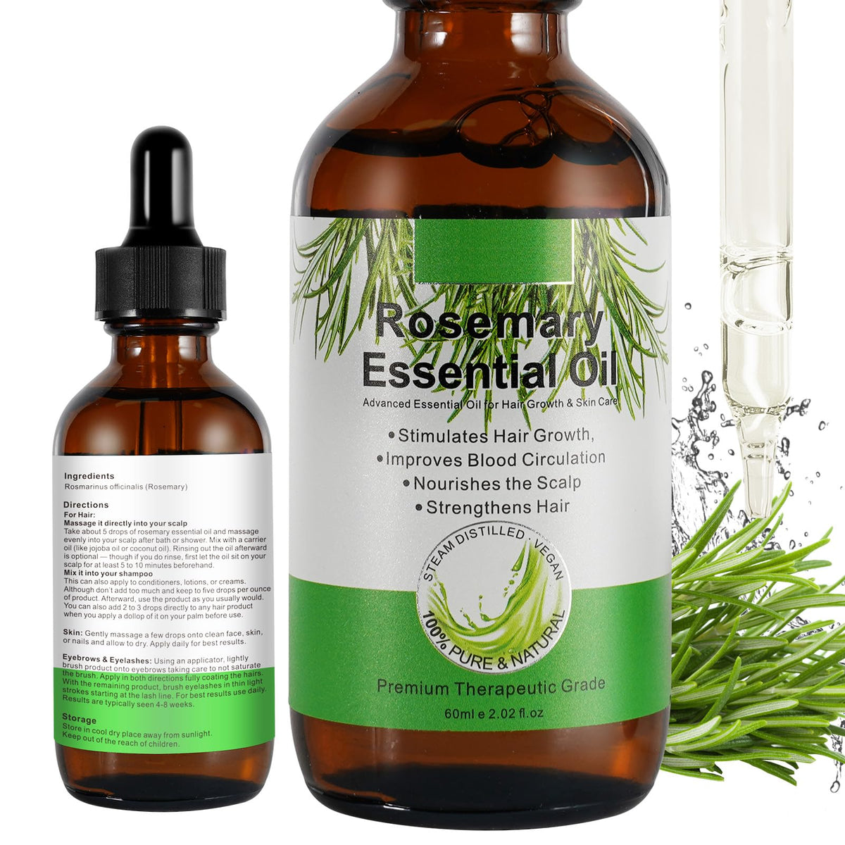 DLOMFVFQ rosemary oil front bottle showing clean organic packaging and benefits