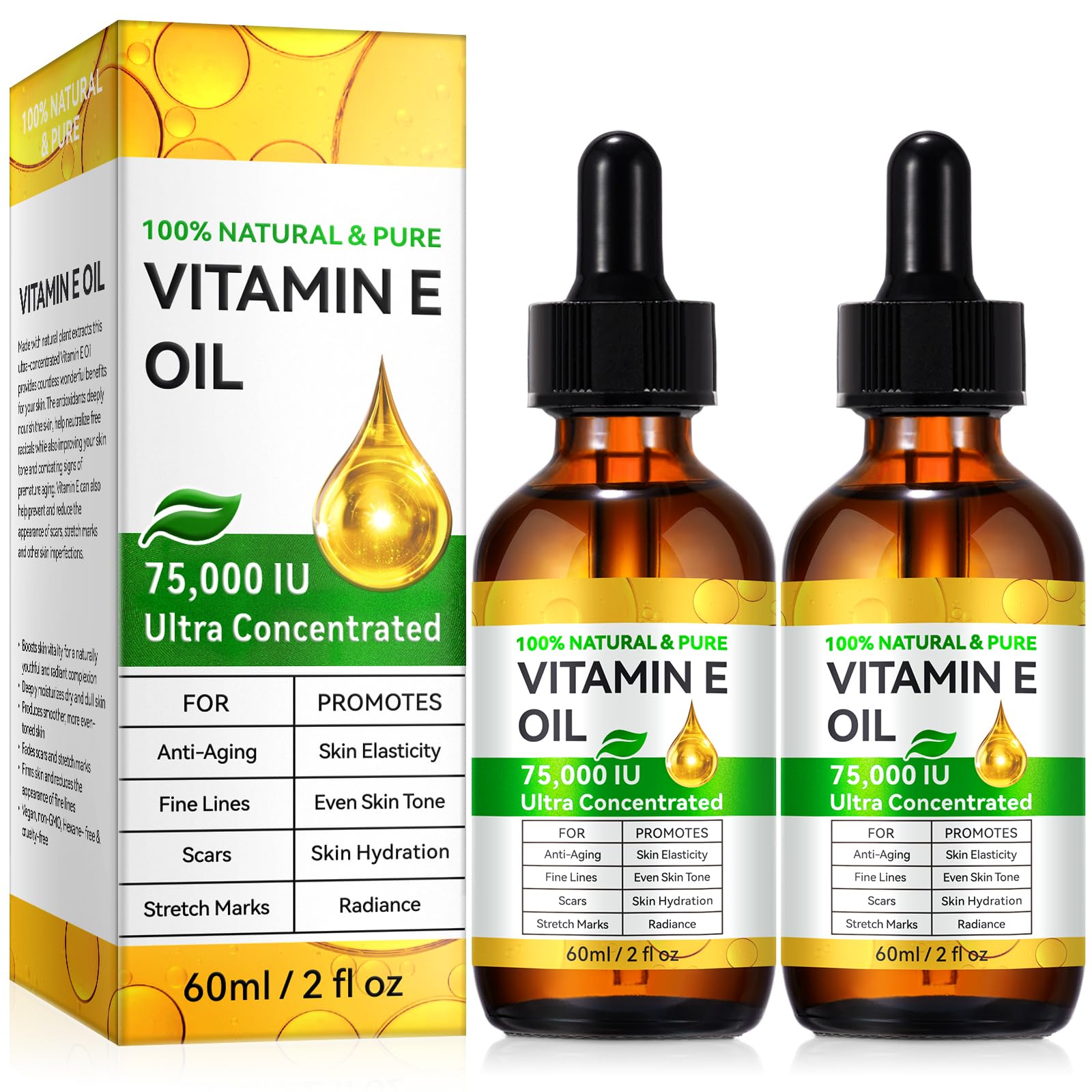 DLOMFVFQ bottle front packaging showing organic vitamin E oil benefits