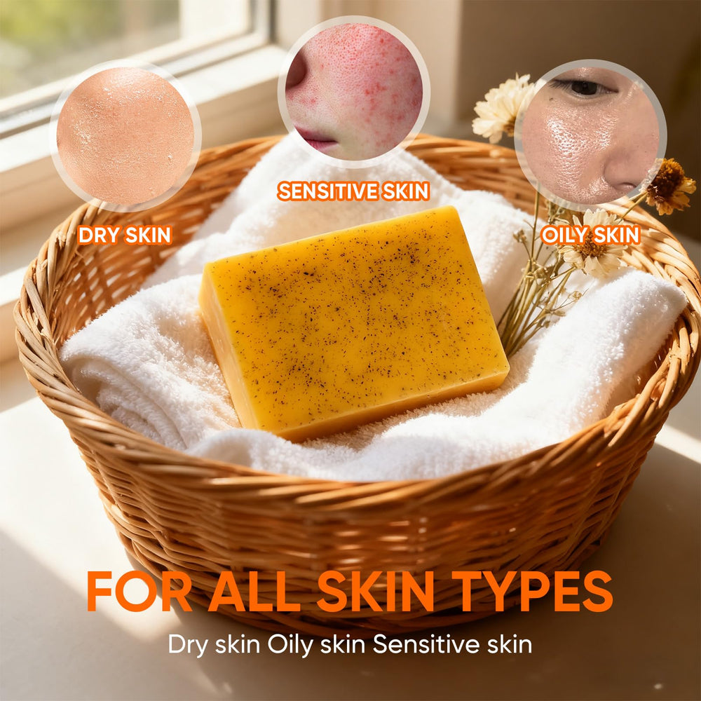 DLWUEN soap beside turmeric root and lemon slices illustrating natural ingredients