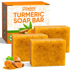 DLWUEN front packaging of three turmeric lemon soap bars highlighting fresh cleansing