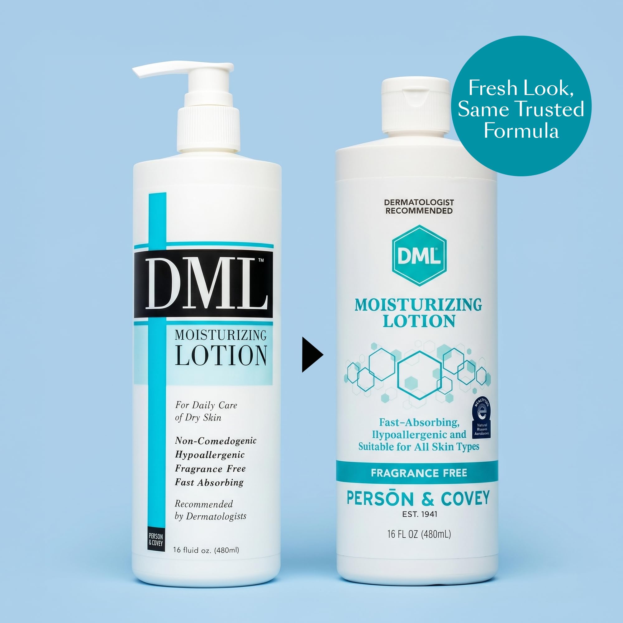 DML pump dispenser in use demonstrating quick, controlled lotion release
