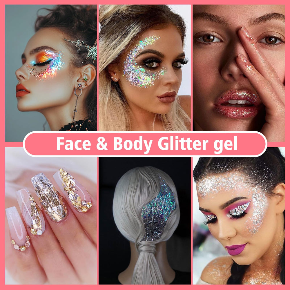Dmsky model at a festival wearing multiple glitter colors for eye-catching impact
