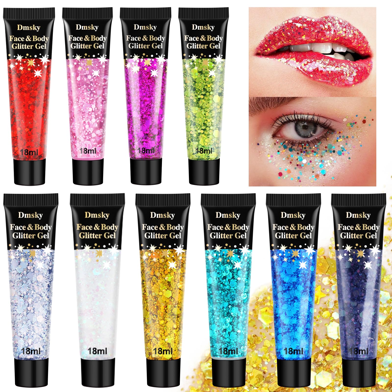 Dmsky front packaging showing all ten colorful glitter tubes and kit benefit