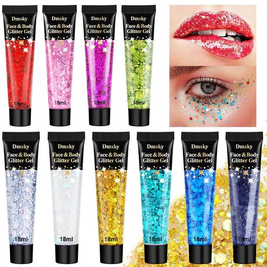 Dmsky front packaging showing all ten colorful glitter tubes and kit benefit
