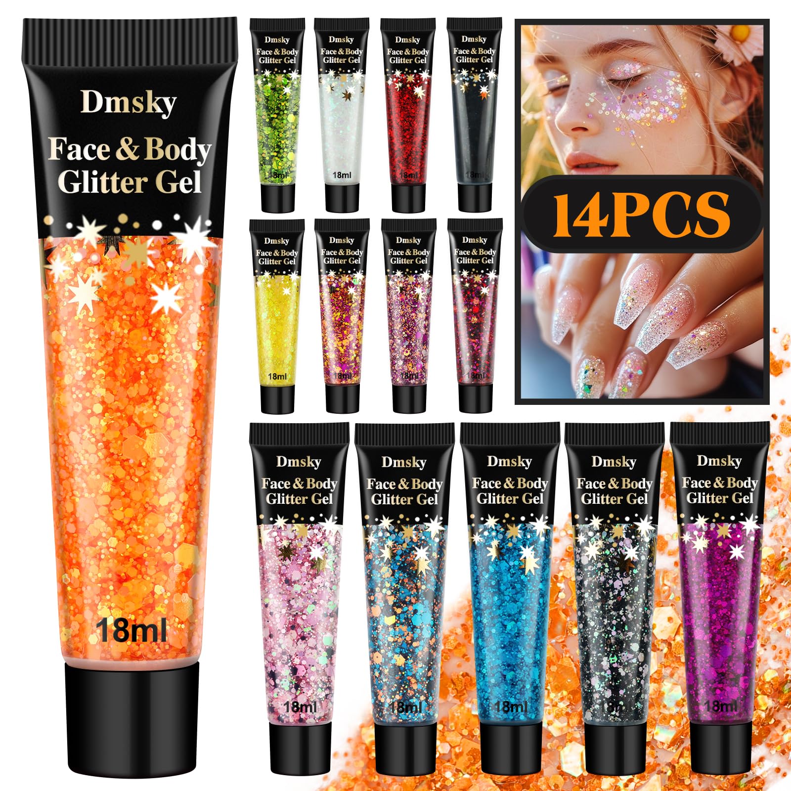 Dmsky front packaging showing 14-color glitter set and bright festival-ready options