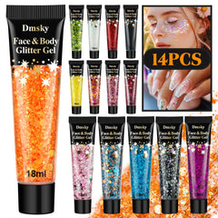 Dmsky front packaging showing 14-color glitter set and bright festival-ready options