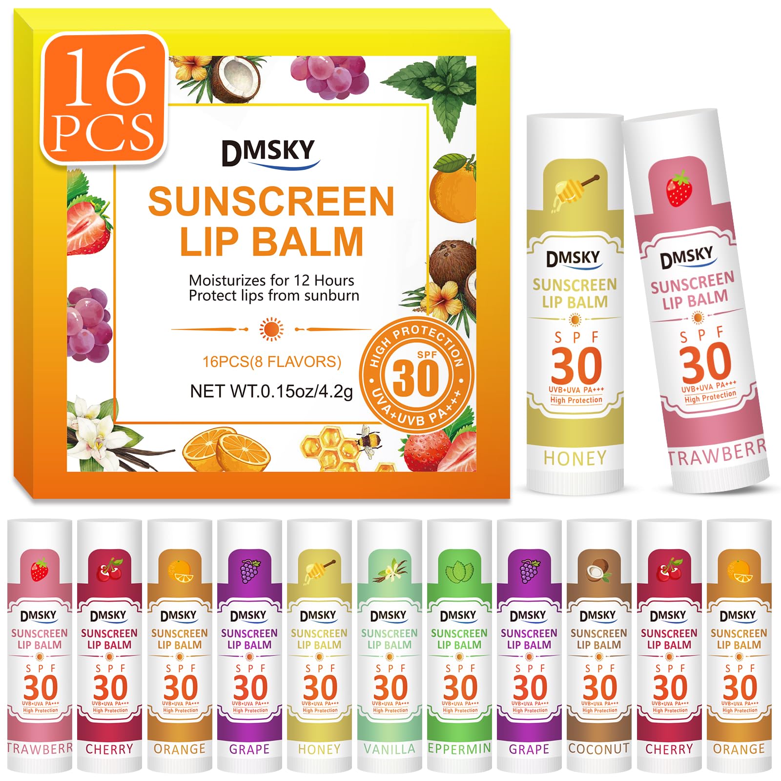 Dmsky front packaging showing 16 tubes and flavor list for convenient protection