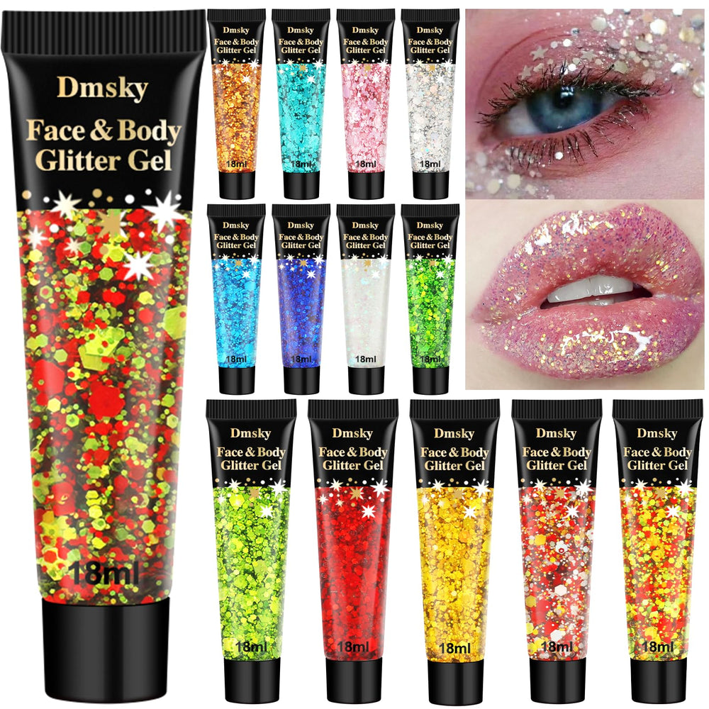 Dmsky front packaging showing 14 glitter tubes and vibrant palette benefit