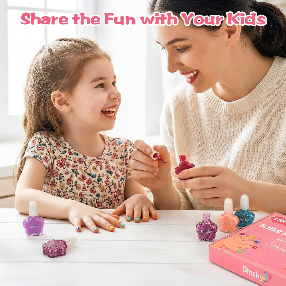 Dmsky nails on child with painted fingertips highlighting quick dry convenience