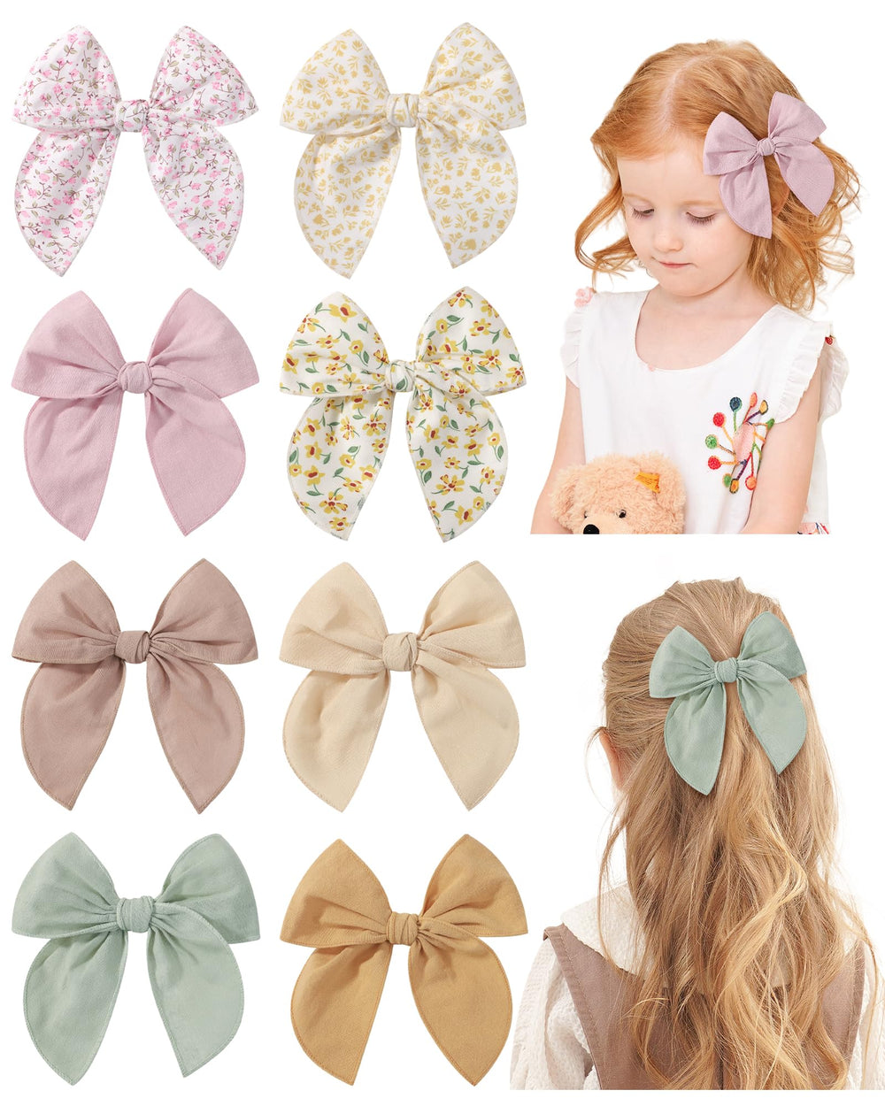 doboi front view pack of eight floral bows showing colors and shape, great outfit matching