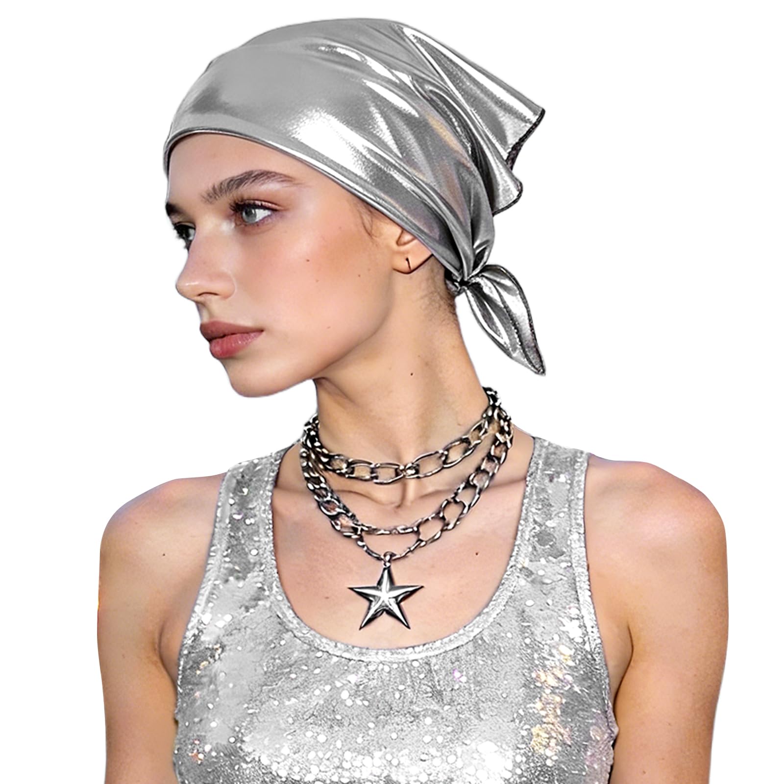 DOCILA silver bandana front view showing glossy finish and square shape for standout shine