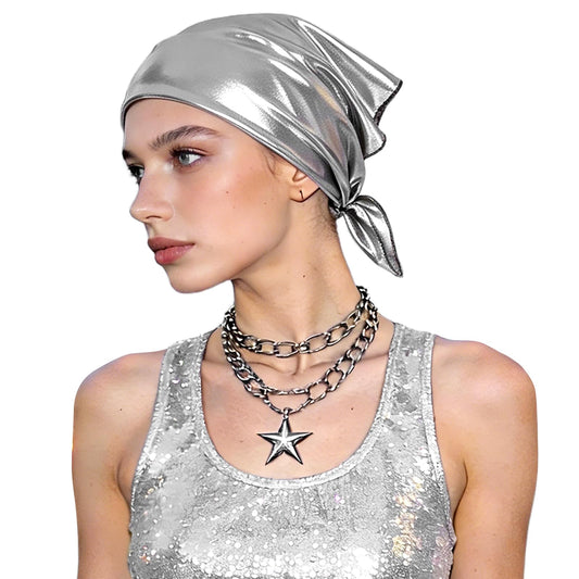 DOCILA silver bandana front view showing glossy finish and square shape for standout shine