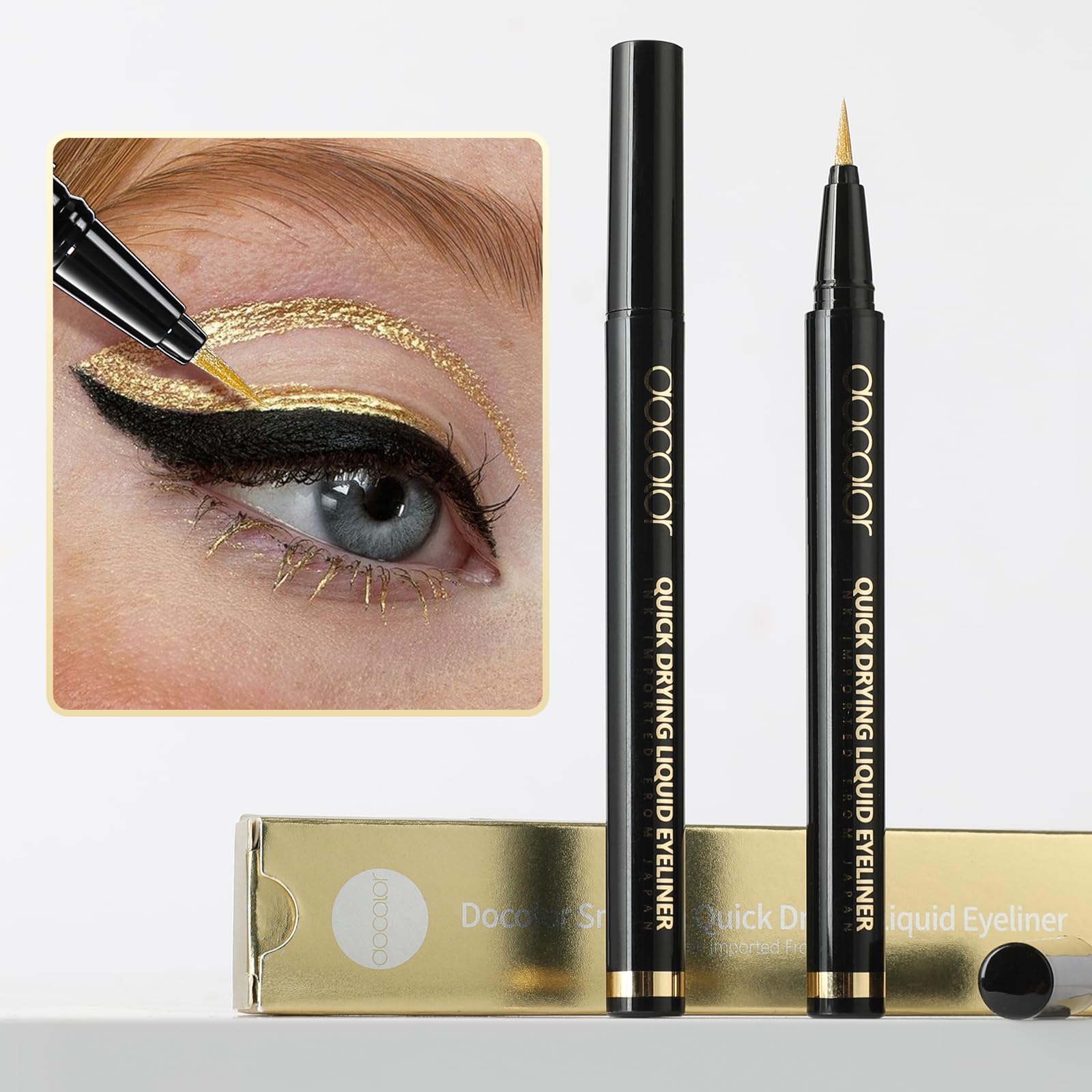 docolor model wearing gold winged eyeliner for a lasting glamorous look