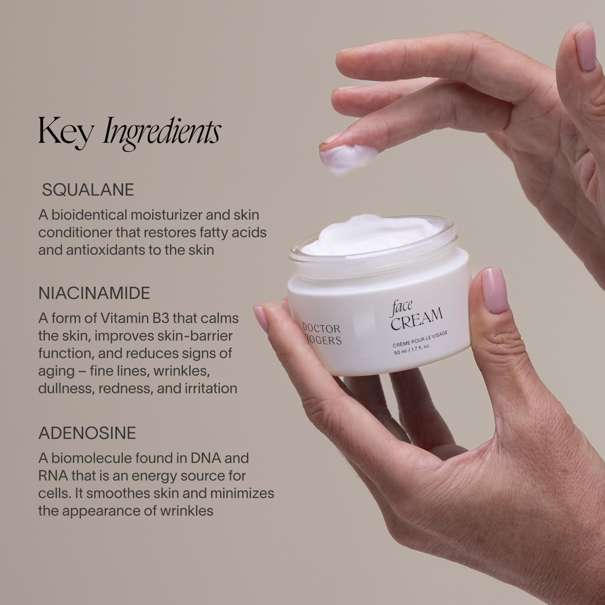 Close-up swirl of Doctor Rogers Restore cream highlighting rich texture and plumping effect