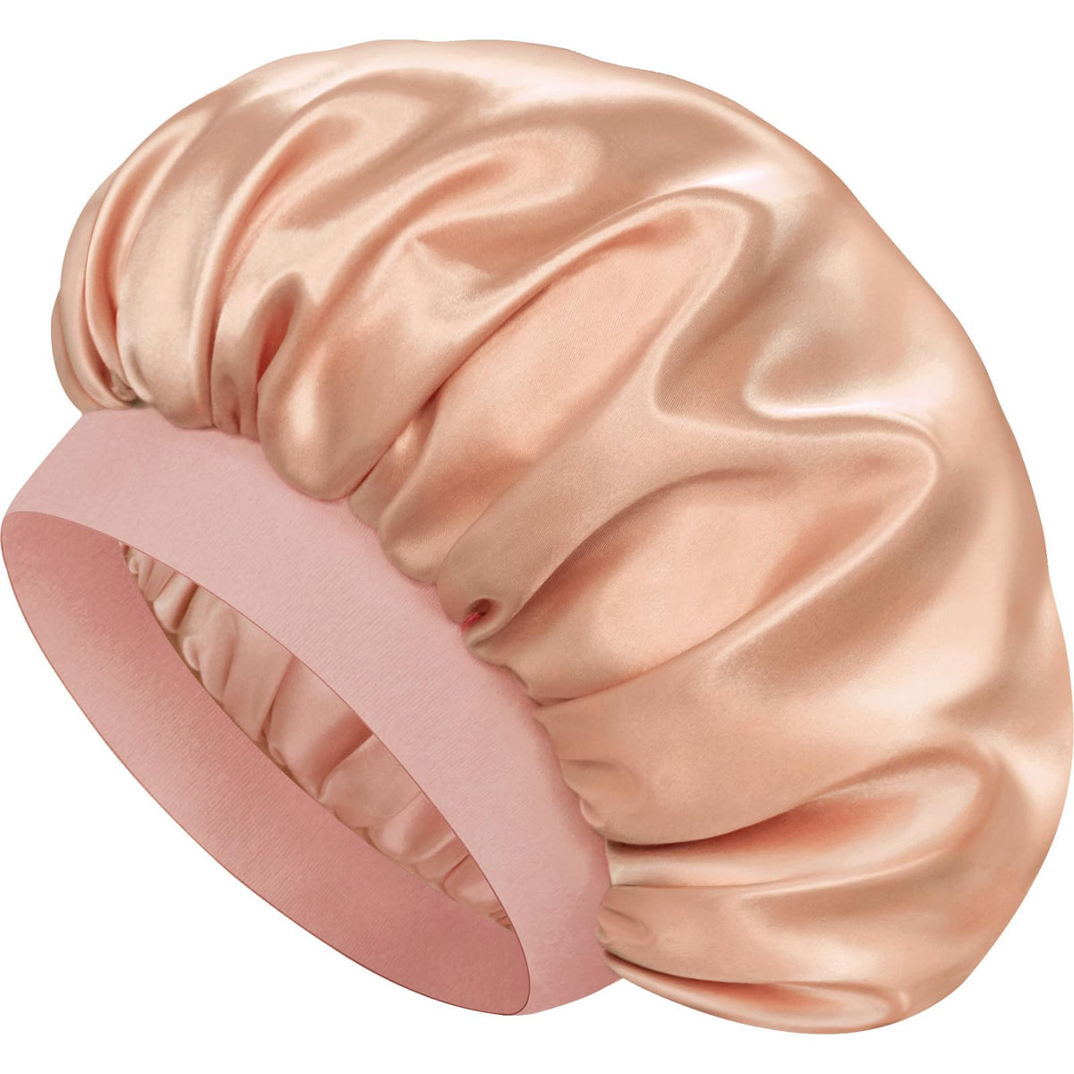 Doitory satin bonnet front view showing apricot pink color and smooth finish for protection