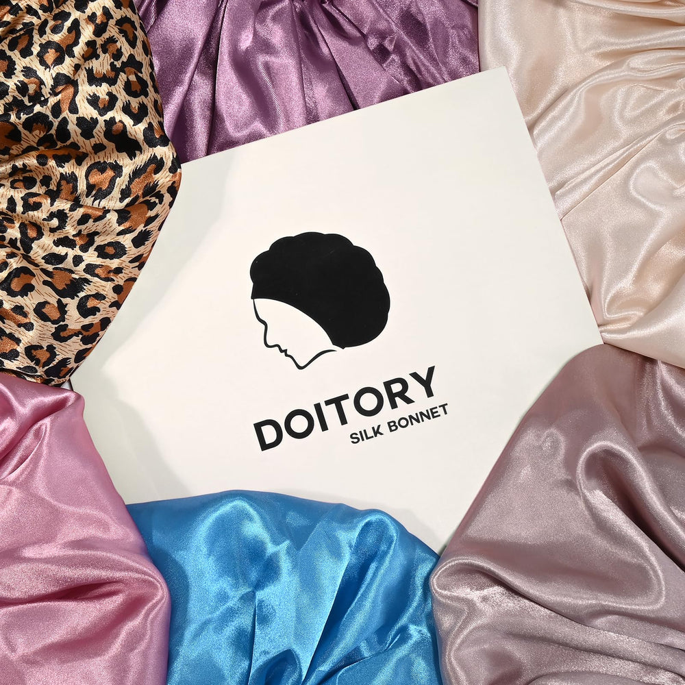 Doitory bonnet on bedside pillow demonstrating overnight hair moisture preservation