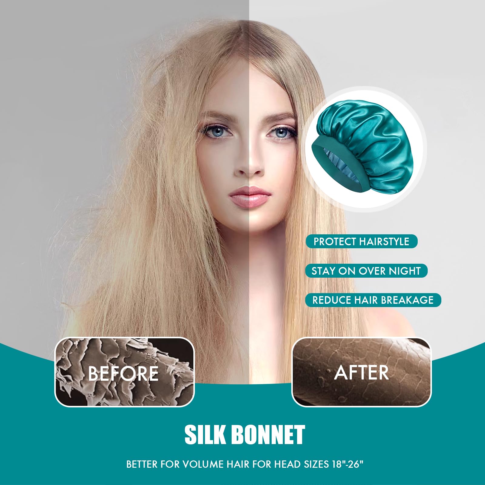 Doitory bonnet flat lay showing 14-inch diameter to illustrate roomy fit for long hair