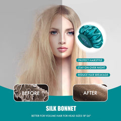 Doitory bonnet flat lay showing 14-inch diameter to illustrate roomy fit for long hair