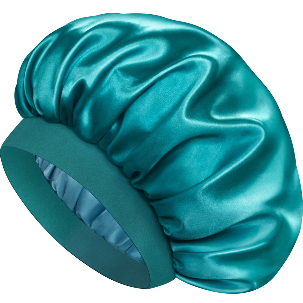 Doitory satin silk bonnet front view showing Blue Zircon color and smooth finish for gentle protection