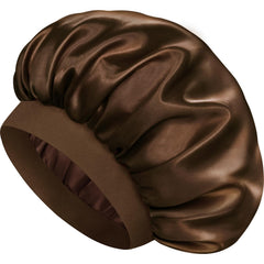 Doitory bonnet front view showing dark brown satin for gentle hair protection