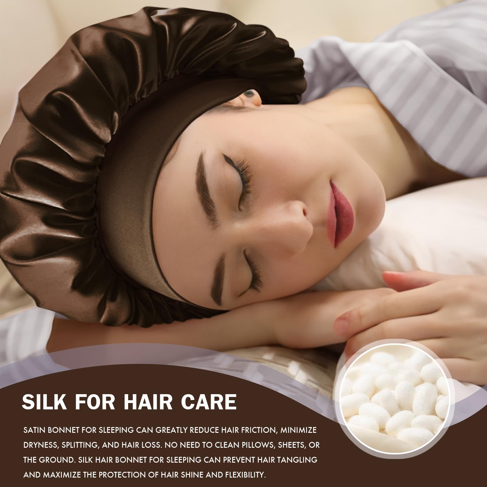 Doitory bonnet on model with curly hair preserving shape and reducing frizz