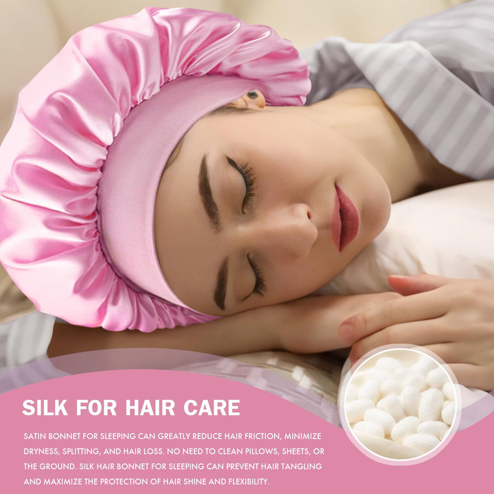 Doitory bonnet on model with curly hair protects curls and reduces frizz