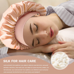 Doitory bonnet worn by model with curly hair to maintain styles and reduce tangles