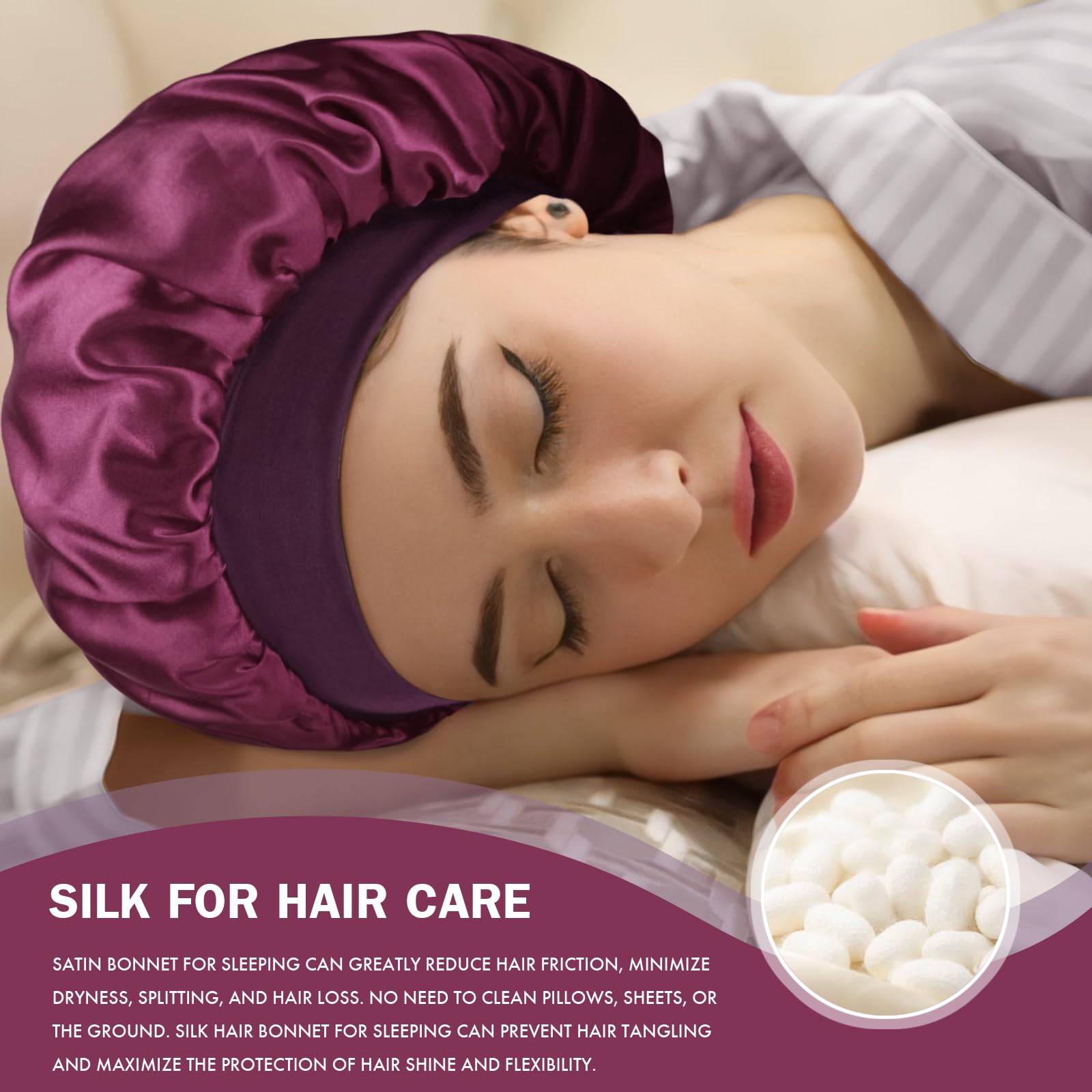Doitory bonnet worn by model sleeping demonstrating secure overnight hold