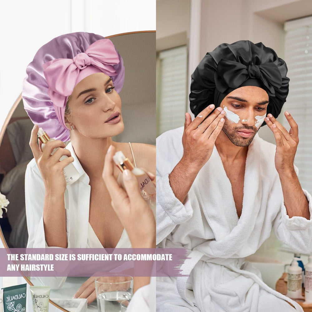 Doitory bonnet worn by model sleeping, keeps curls intact and tangle-free