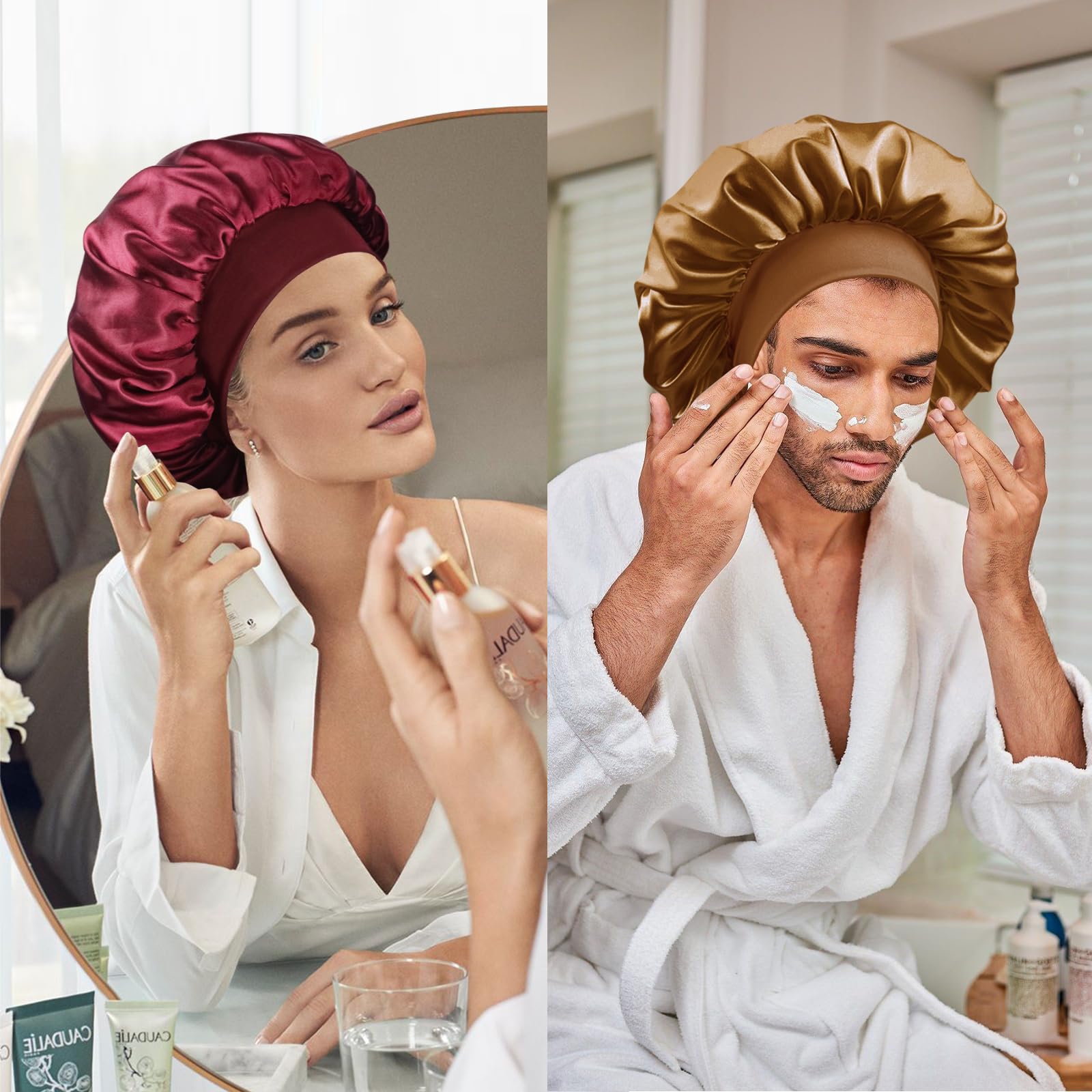 Doitory bonnet in bedroom setting highlighting nightly hair-care convenience