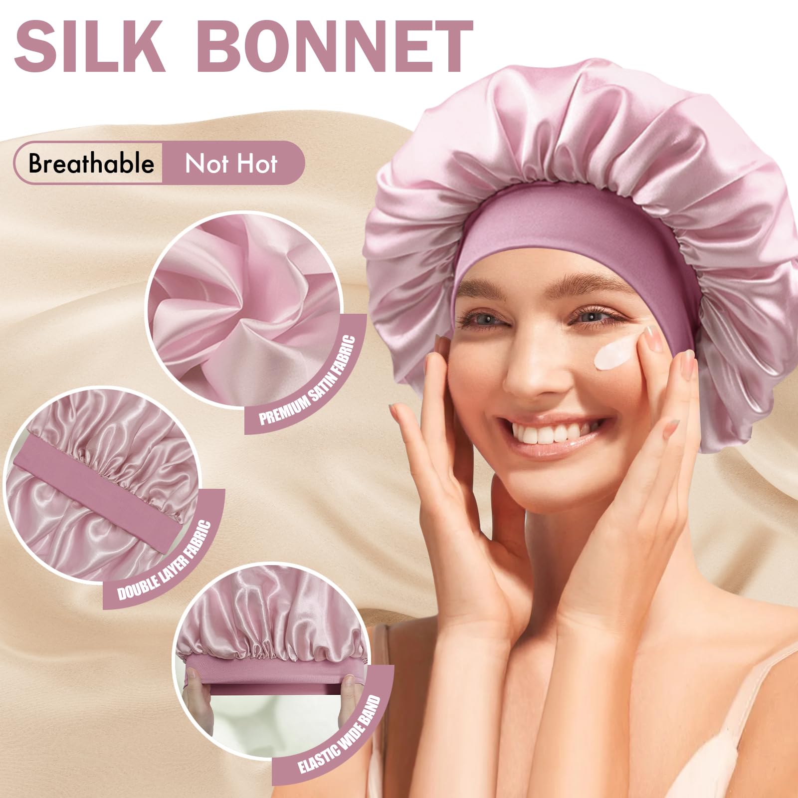 Doitory bonnet worn by model with curly hair preserving curls overnight
