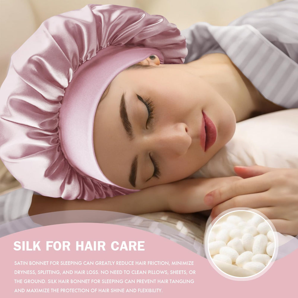 Doitory bonnet worn with bun style demonstrating protection for styled hair
