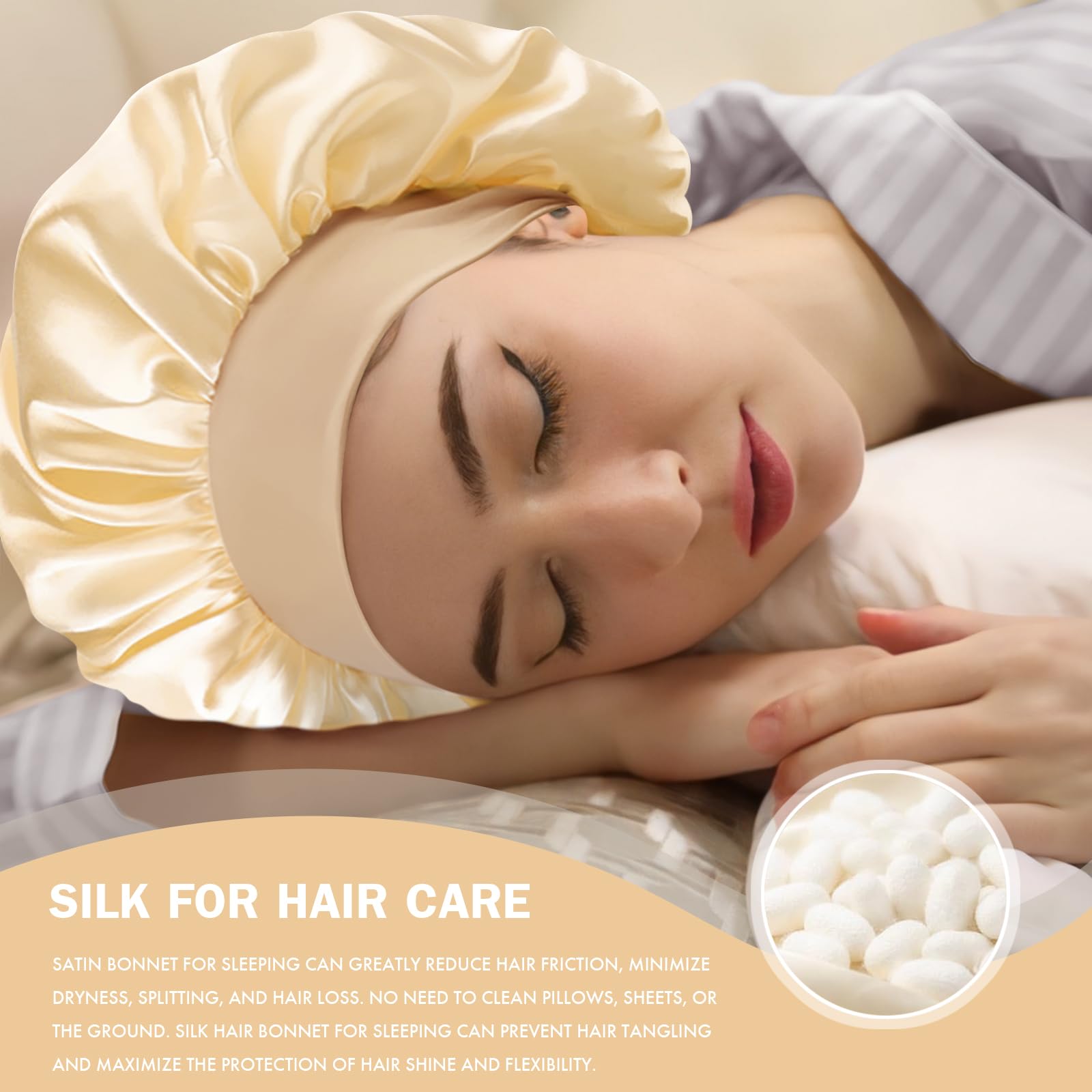 Doitory bonnet worn by woman with curly hair demonstrating overnight protection for curls