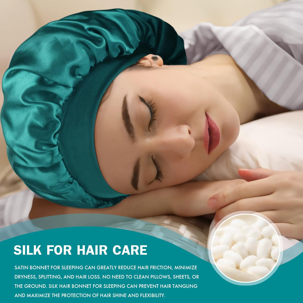 Doitory bonnet worn by model with curly hair demonstrating secure overnight coverage