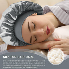 Doitory bonnet worn by model with curly hair demonstrating protected overnight styling